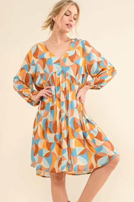And The Why Printed Open Back Puff Sleeve Casual Dress - Velora Luxury Fashion