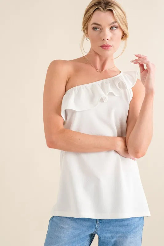 And The Why Ruffle One Shoulder Sleeveless Tank Top - Velora Luxury Fashion