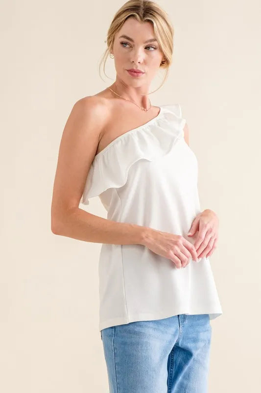 And The Why Ruffle One Shoulder Sleeveless Tank Top - Velora Luxury Fashion