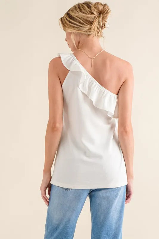 And The Why Ruffle One Shoulder Sleeveless Tank Top - Velora Luxury Fashion