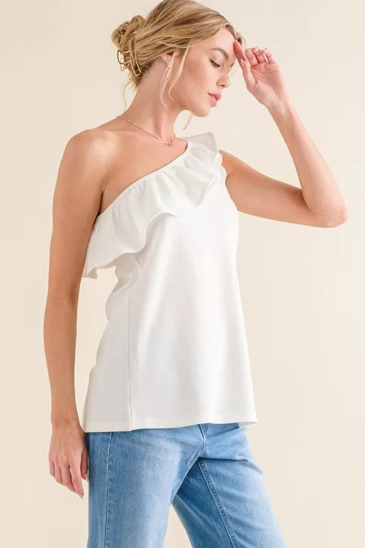 And The Why Ruffle One Shoulder Sleeveless Tank Top - Velora Luxury Fashion