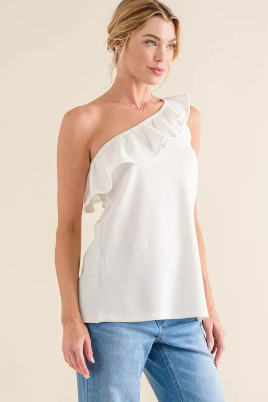 And The Why Ruffle One Shoulder Sleeveless Tank Top - Velora Luxury Fashion