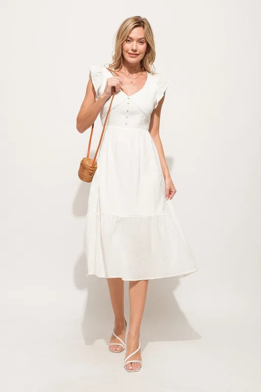 And The Why Ruffle Sleeve Front Smocked Tiered Midi Dress - Velora Luxury Fashion