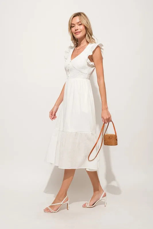 And The Why Ruffle Sleeve Front Smocked Tiered Midi Dress - Velora Luxury Fashion