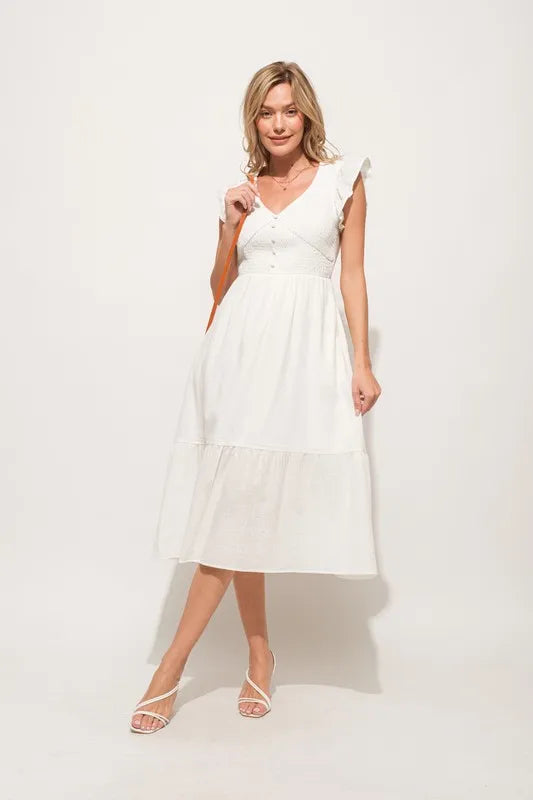 And The Why Ruffle Sleeve Front Smocked Tiered Midi Dress - Velora Luxury Fashion