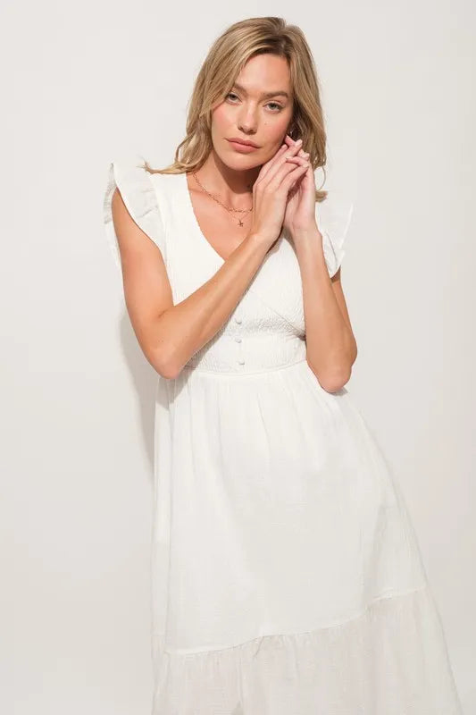 And The Why Ruffle Sleeve Front Smocked Tiered Midi Dress - Velora Luxury Fashion
