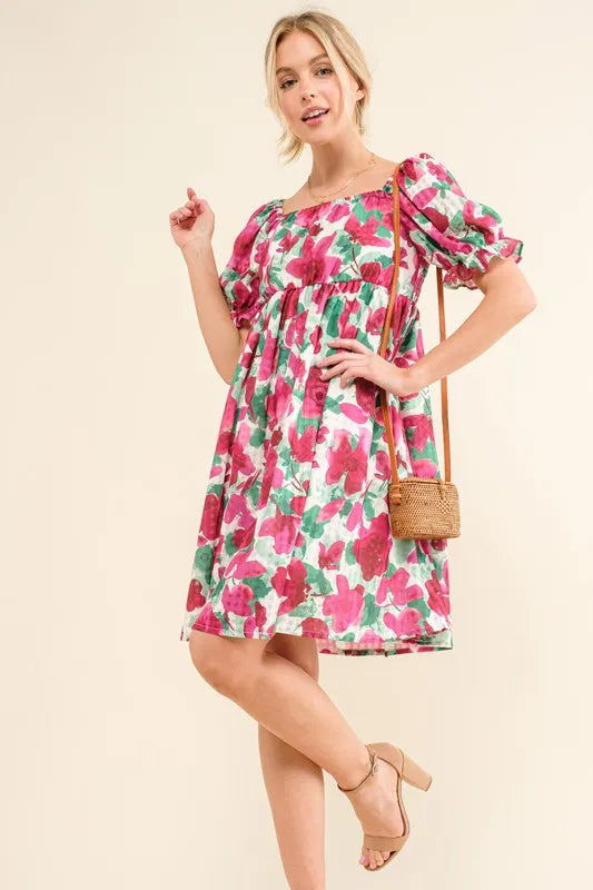 And The Why Smocked Floral Ruffle Short Sleeve Mini Dress - Velora Luxury Fashion