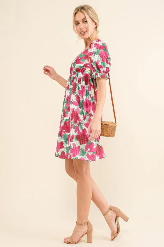 And The Why Smocked Floral Ruffle Short Sleeve Mini Dress - Velora Luxury Fashion