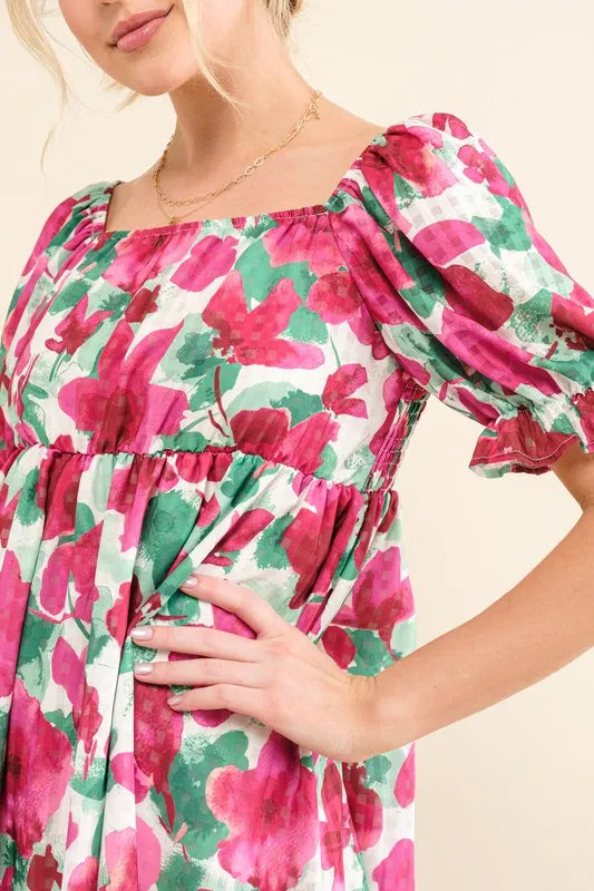 And The Why Smocked Floral Ruffle Short Sleeve Mini Dress - Velora Luxury Fashion