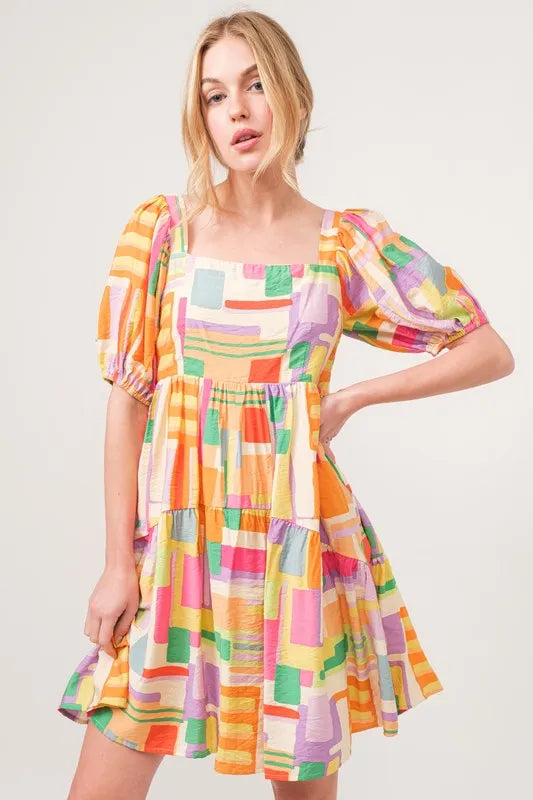 And The Why Square Neck Puff Sleeve Geo Printed Mini Dress - Velora Luxury Fashion