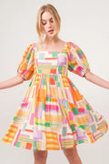 And The Why Square Neck Puff Sleeve Geo Printed Mini Dress - Velora Luxury Fashion