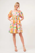And The Why Square Neck Puff Sleeve Geo Printed Mini Dress - Velora Luxury Fashion