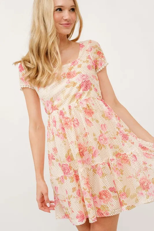 And The Why Square Neck Tiered Floral Fishnet Dress - Velora Luxury Fashion