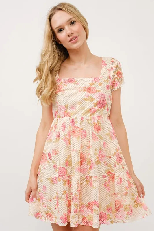 And The Why Square Neck Tiered Floral Fishnet Dress - Velora Luxury Fashion