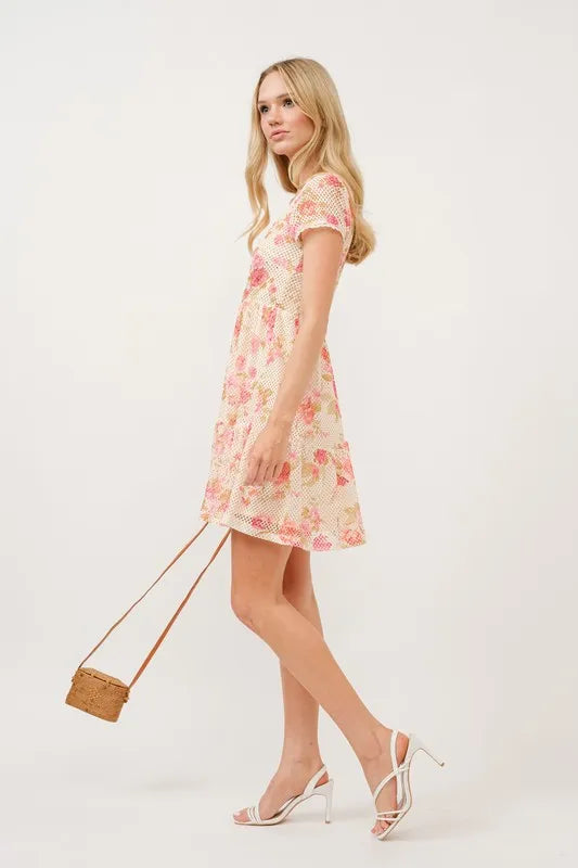 And The Why Square Neck Tiered Floral Fishnet Dress - Velora Luxury Fashion