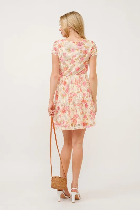And The Why Square Neck Tiered Floral Fishnet Dress - Velora Luxury Fashion