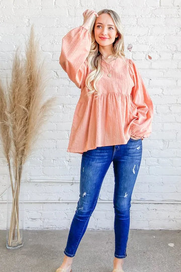 And The Why Textured V Neck Blouse Top - Velora Luxury Fashion