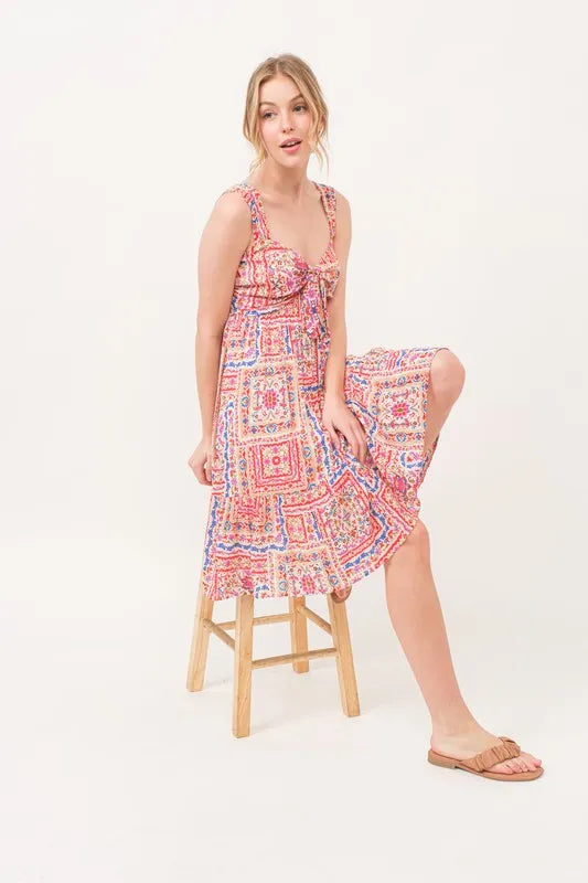 And The Why Tied Front Smocked Back Tiered Boho Printed Dress - Velora Luxury Fashion