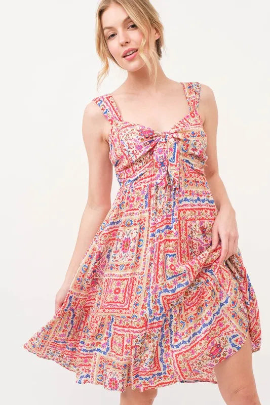 And The Why Tied Front Smocked Back Tiered Boho Printed Dress - Velora Luxury Fashion