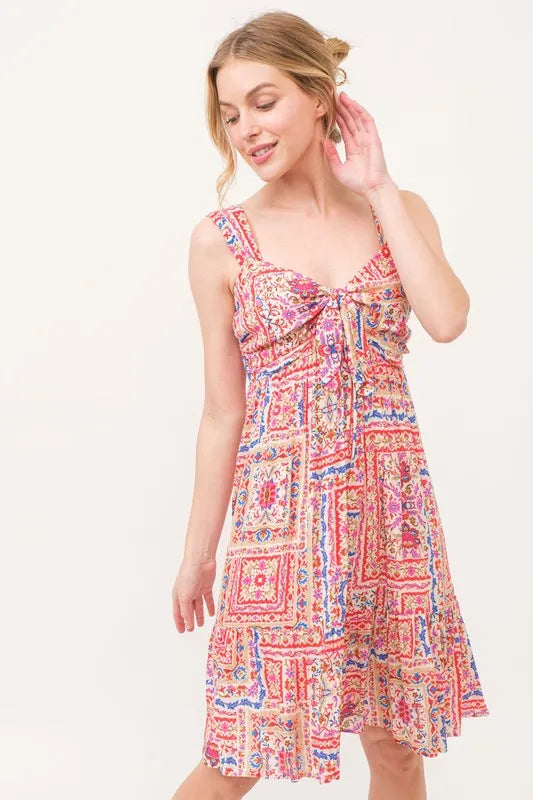 And The Why Tied Front Smocked Back Tiered Boho Printed Dress - Velora Luxury Fashion