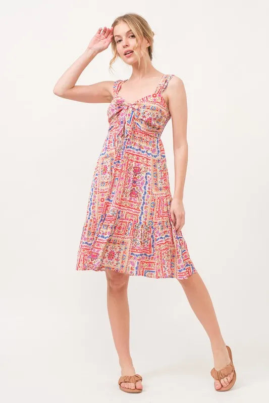 And The Why Tied Front Smocked Back Tiered Boho Printed Dress - Velora Luxury Fashion