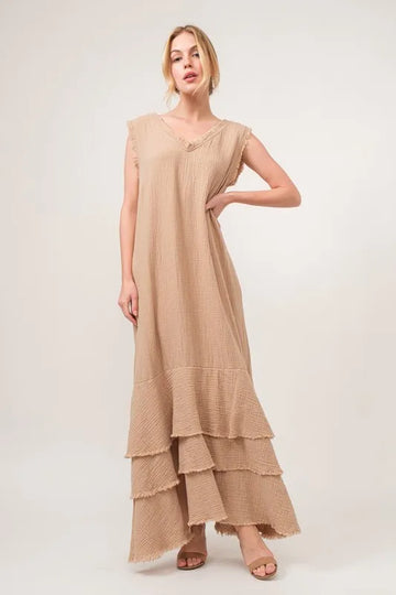 And The Why Washed Cotton Gauze Fringe Detail Tiered Dress - Velora Luxury Fashion