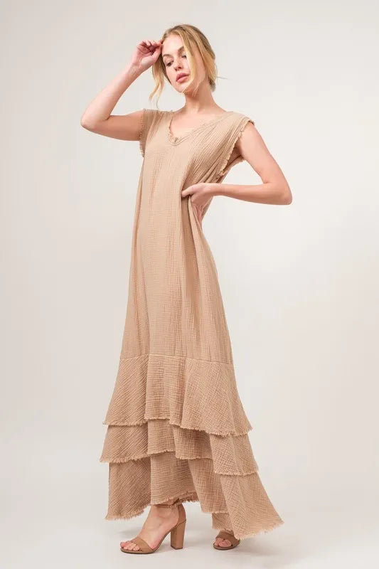 And The Why Washed Cotton Gauze Fringe Detail Tiered Dress - Velora Luxury Fashion