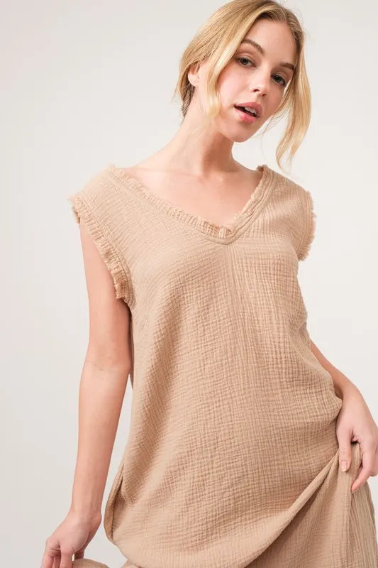 And The Why Washed Cotton Gauze Fringe Detail Tiered Dress - Velora Luxury Fashion