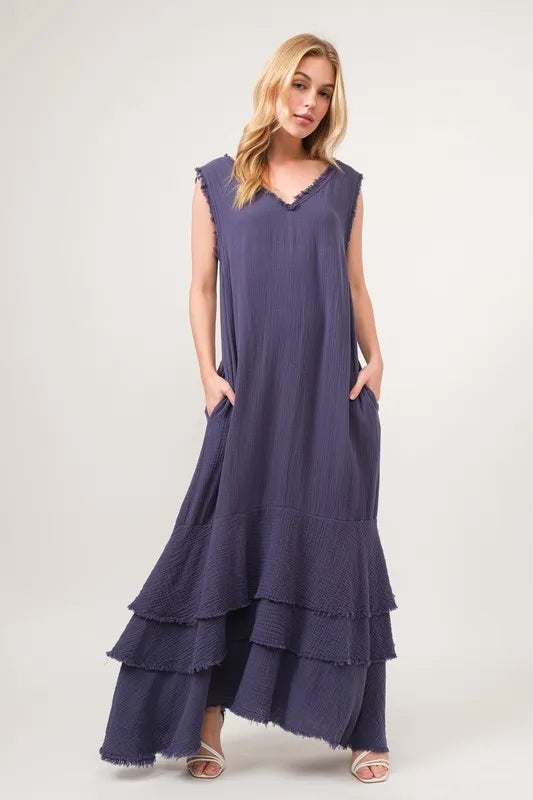 And The Why Washed Cotton Gauze Fringe Detail Tiered Dress - Velora Luxury Fashion