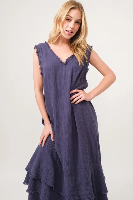 And The Why Washed Cotton Gauze Fringe Detail Tiered Dress - Velora Luxury Fashion