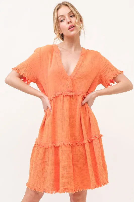 And The Why Washed Frayed Detail Tiered Dress - Velora Luxury Fashion