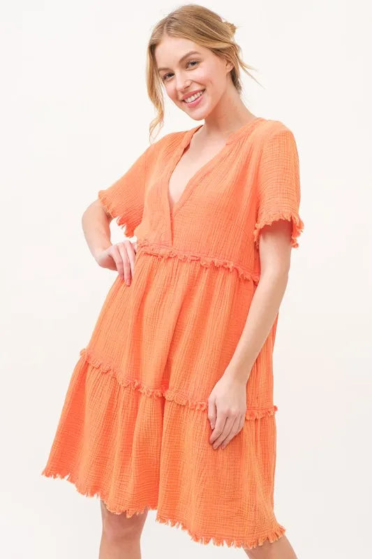 And The Why Washed Frayed Detail Tiered Dress - Velora Luxury Fashion
