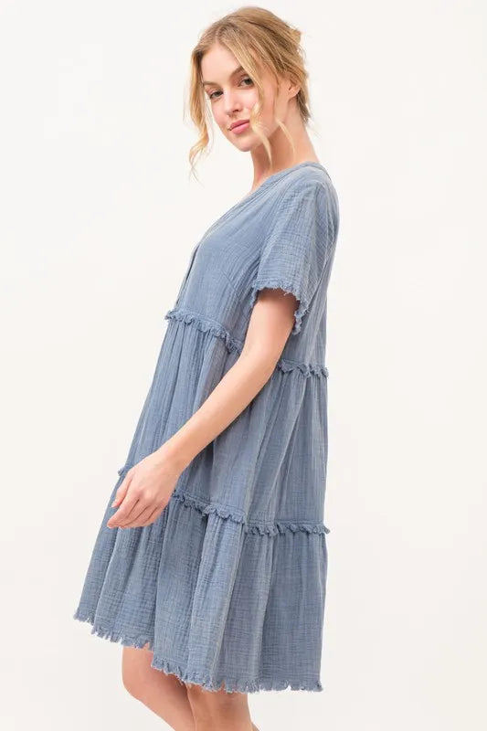 And The Why Washed Frayed Detail Tiered Dress - Velora Luxury Fashion