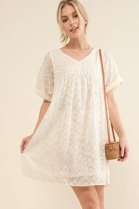 And The Why Woven Leopard Baby Doll Roll-Sleeve Casual Dress - Velora Luxury Fashion