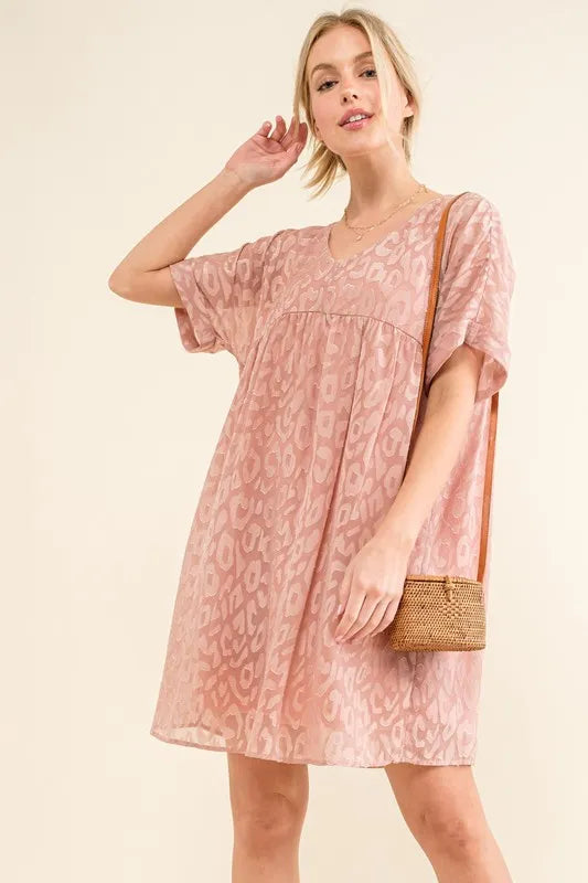 And The Why Woven Leopard Baby Doll Roll-Sleeve Casual Dress - Velora Luxury Fashion