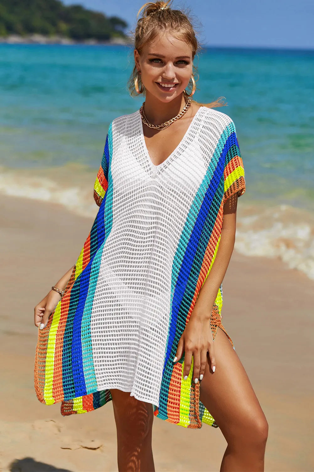 Angel Wings Openwork Striped Slit Knit Cover Up - Velora Luxury Fashion