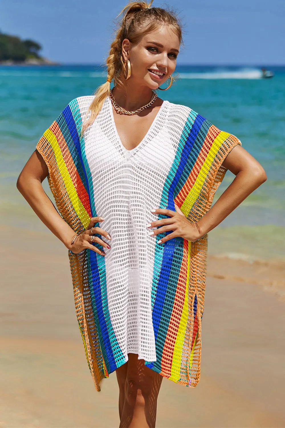 Angel Wings Openwork Striped Slit Knit Cover Up - Velora Luxury Fashion