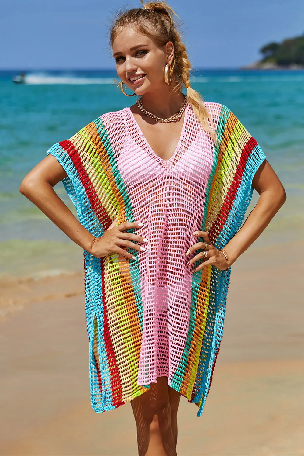 Angel Wings Openwork Striped Slit Knit Cover Up - Velora Luxury Fashion