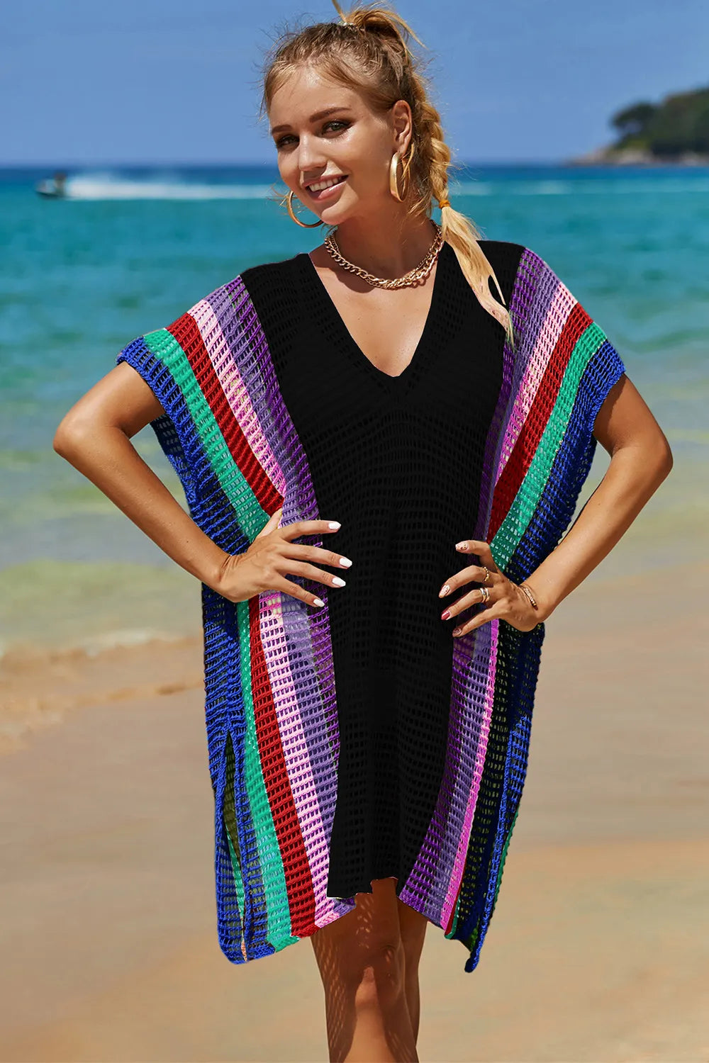 Angel Wings Openwork Striped Slit Knit Cover Up - Velora Luxury Fashion