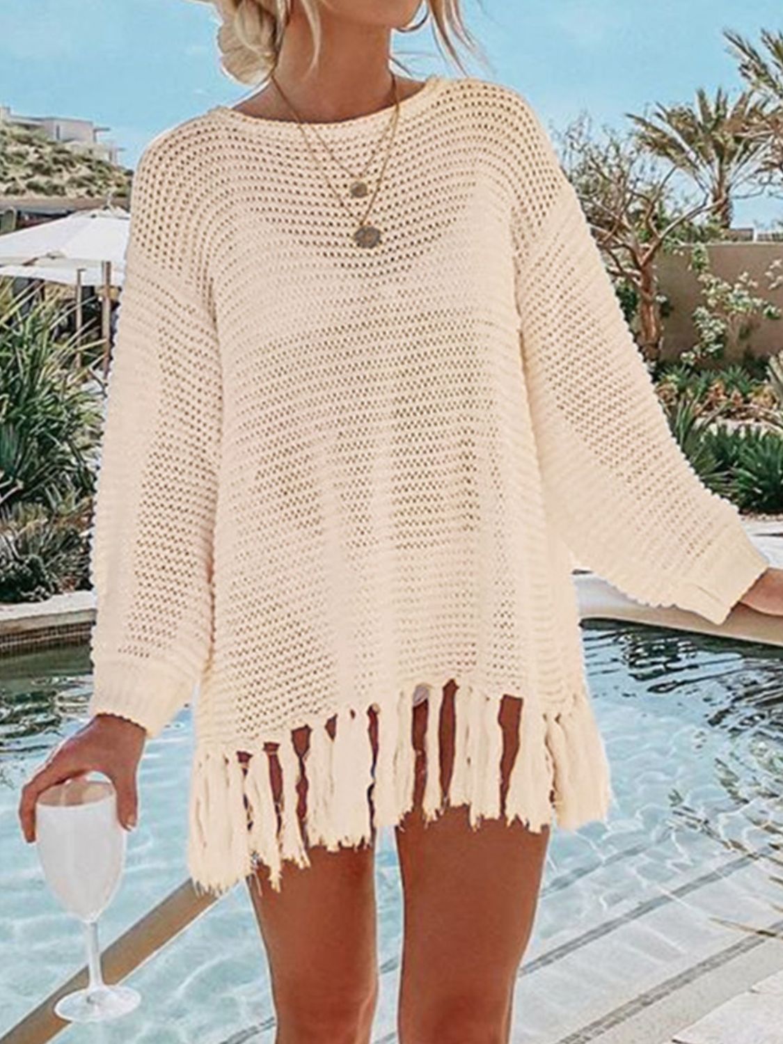 Angel Wings Openwork Tassel Hem Long Sleeve Knit Cover Up - Velora Luxury Fashion