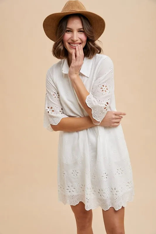Annie Wear Embroidered Scallop Edge Detail Mini Shirt Dress - Velora Luxury Fashion