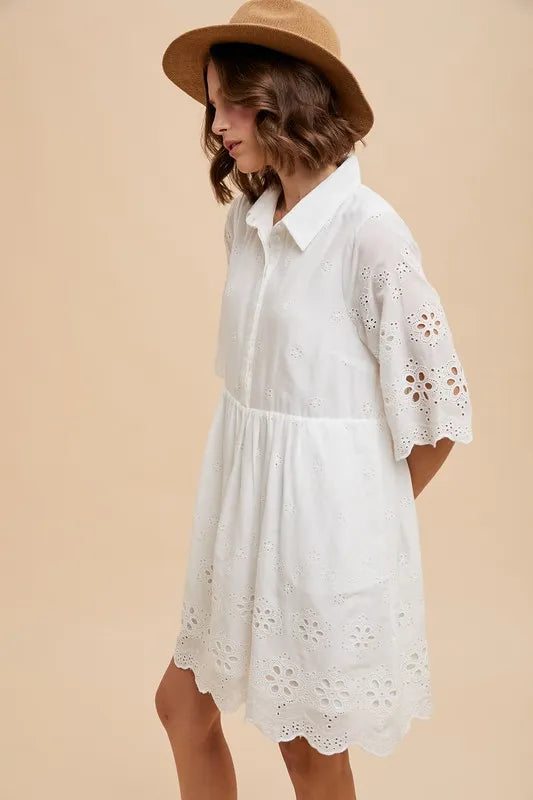 Annie Wear Embroidered Scallop Edge Detail Mini Shirt Dress - Velora Luxury Fashion