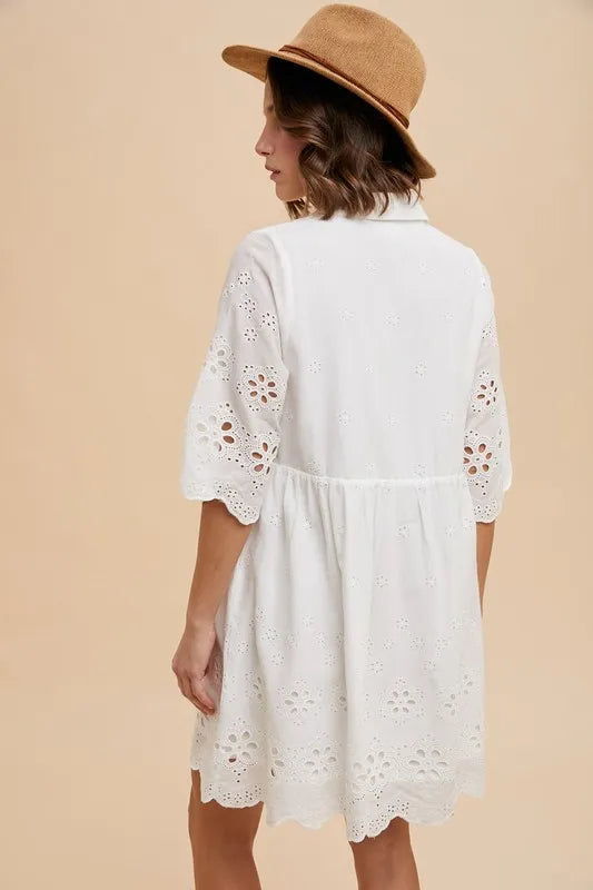 Annie Wear Embroidered Scallop Edge Detail Mini Shirt Dress - Velora Luxury Fashion