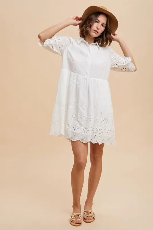 Annie Wear Embroidered Scallop Edge Detail Mini Shirt Dress - Velora Luxury Fashion