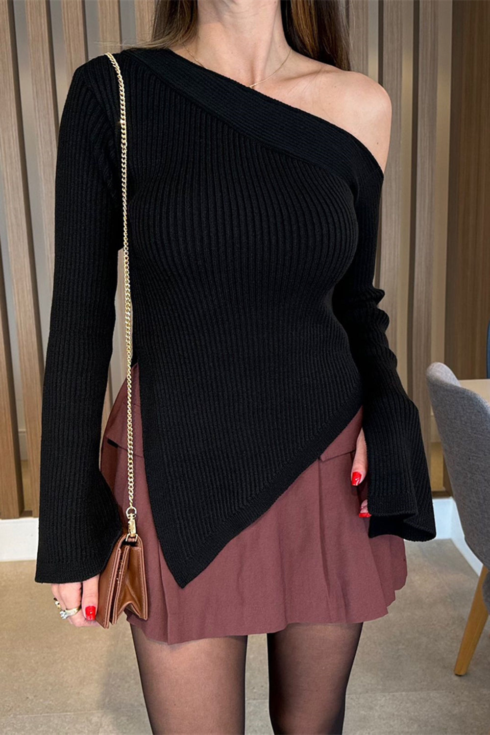 Asymmetric Hem Single Shoulder Sweater - Velora Luxury Fashion