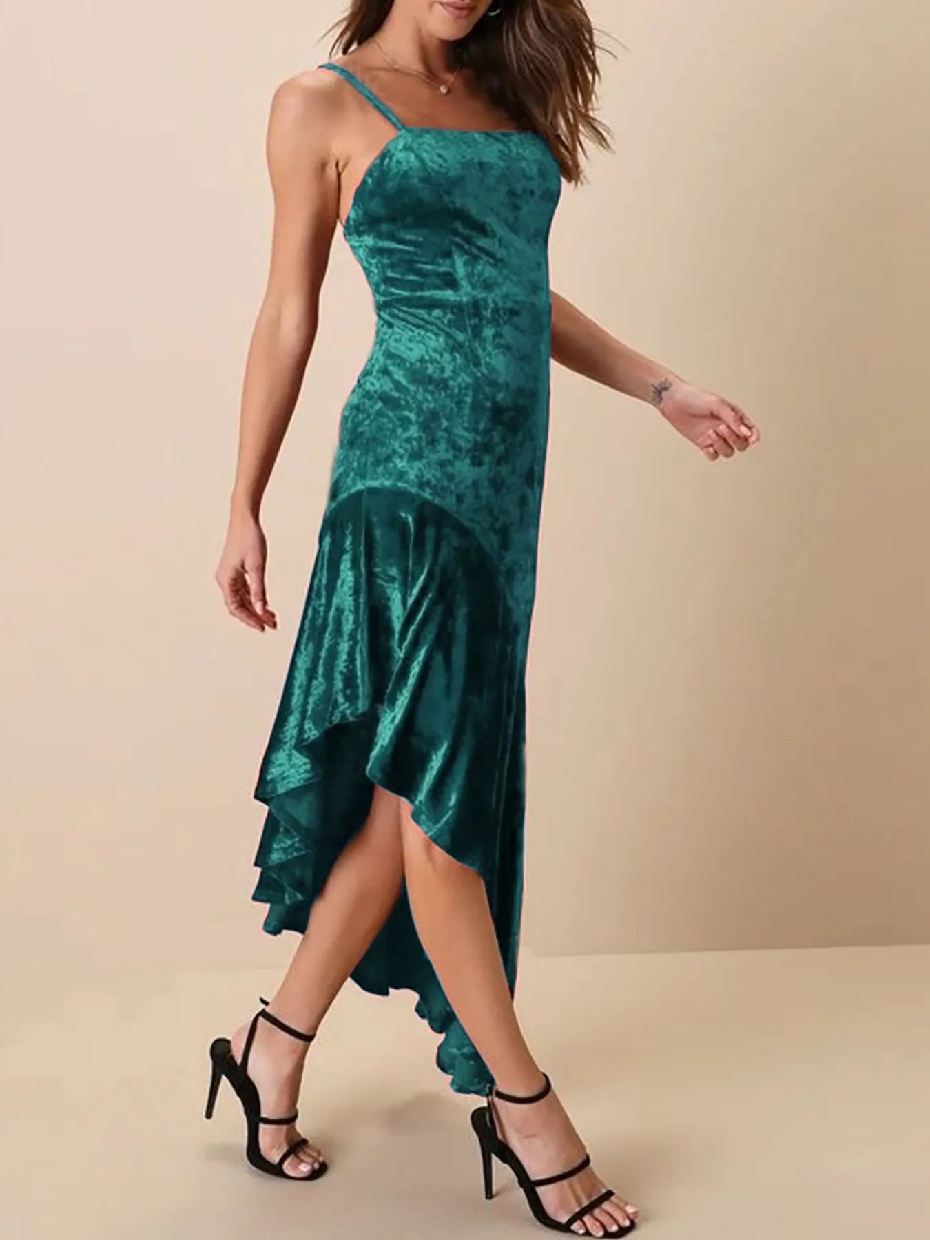 Asymmetrical Velvet Cami Dress with Ruffle Hem - Velora Luxury Fashion