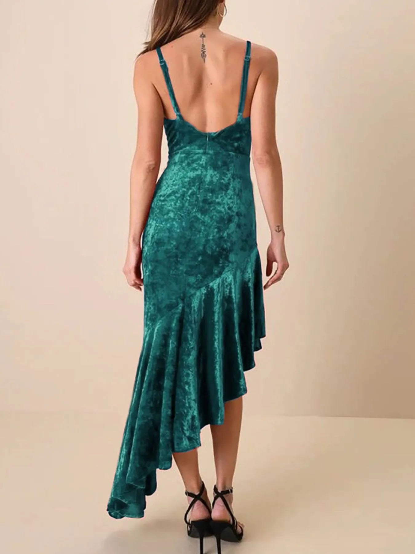 Asymmetrical Velvet Cami Dress with Ruffle Hem - Velora Luxury Fashion