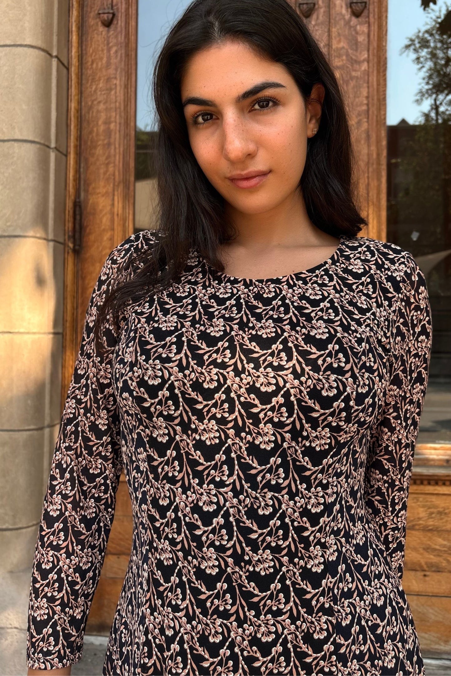 Audrey Navy Fit & Flare Mesh Dress Beige Floral Print - Velora Luxury Fashion