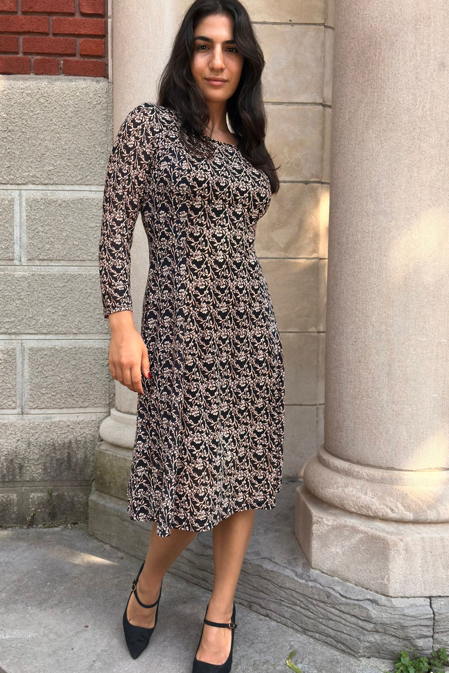 Audrey Navy Fit & Flare Mesh Dress Beige Floral Print - Velora Luxury Fashion