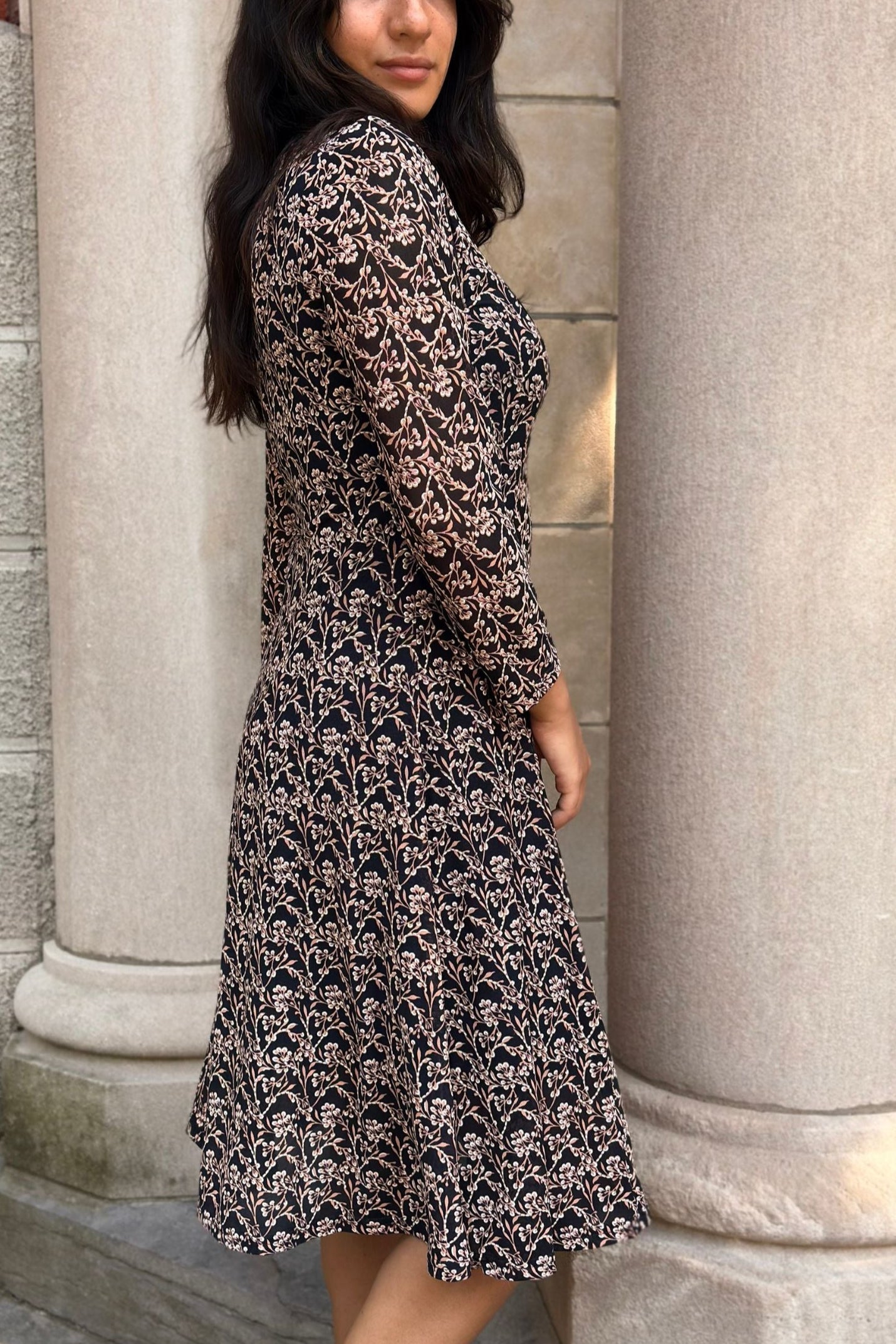 Audrey Navy Fit & Flare Mesh Dress Beige Floral Print - Velora Luxury Fashion